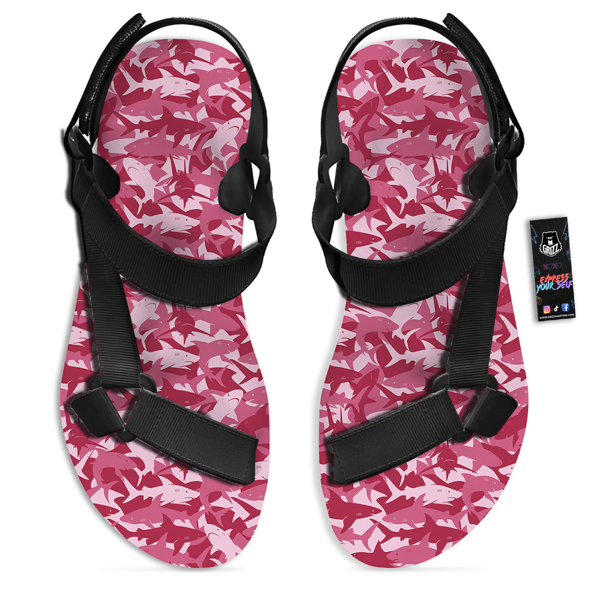 Abstract Pink Shark Camo Print Pattern Black Open Toe Sandals-grizzshop