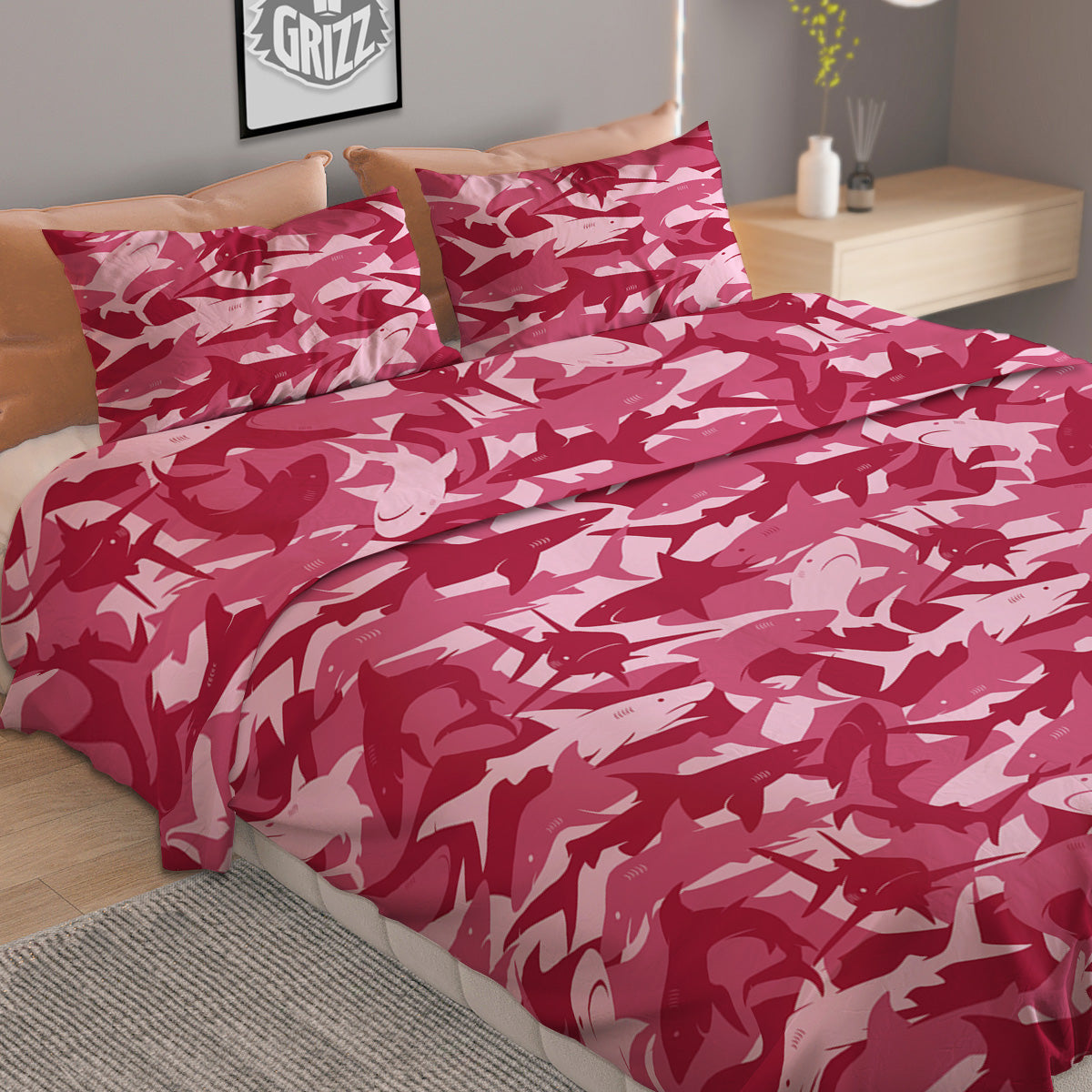 Abstract Pink Shark Camo Print Pattern Duvet Cover Bedding Set