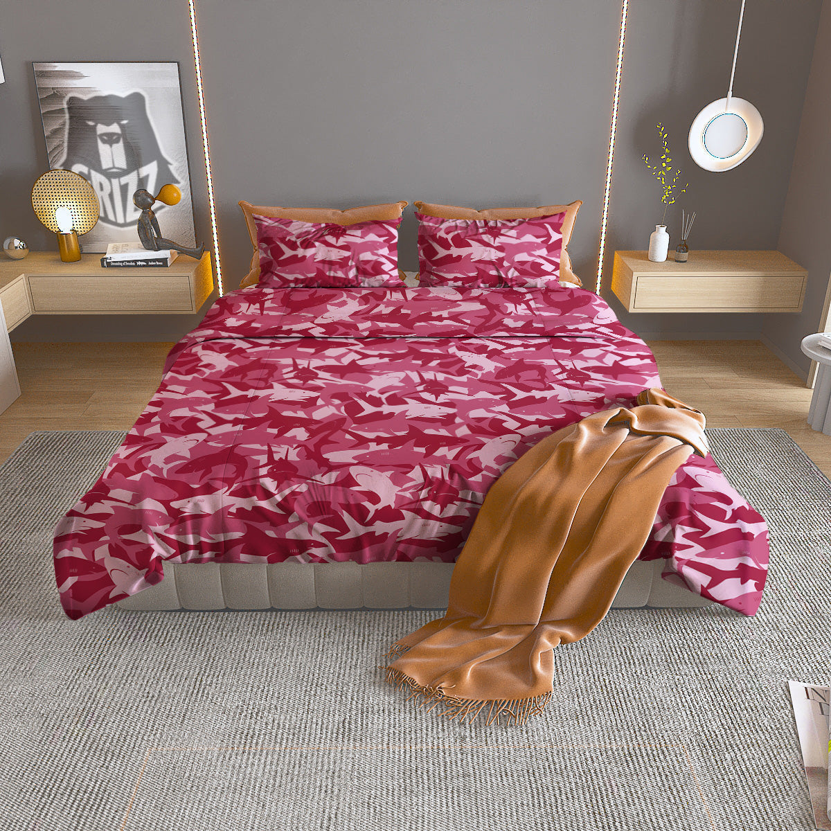 Abstract Pink Shark Camo Print Pattern Duvet Cover Bedding Set