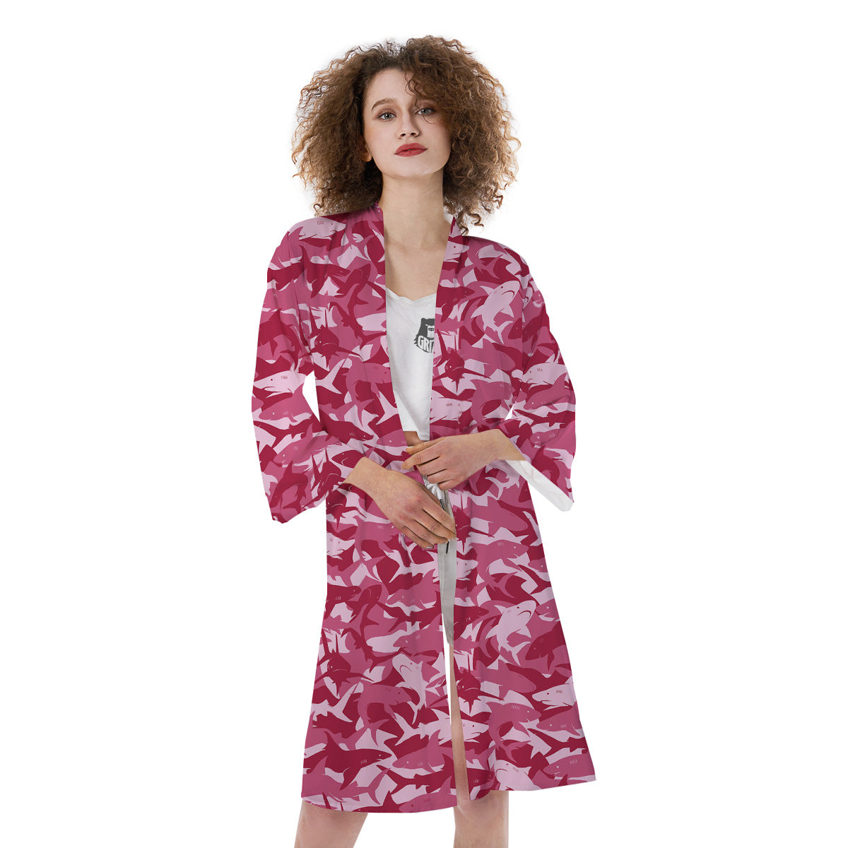 Abstract Pink Shark Camo Print Pattern Kimono-grizzshop