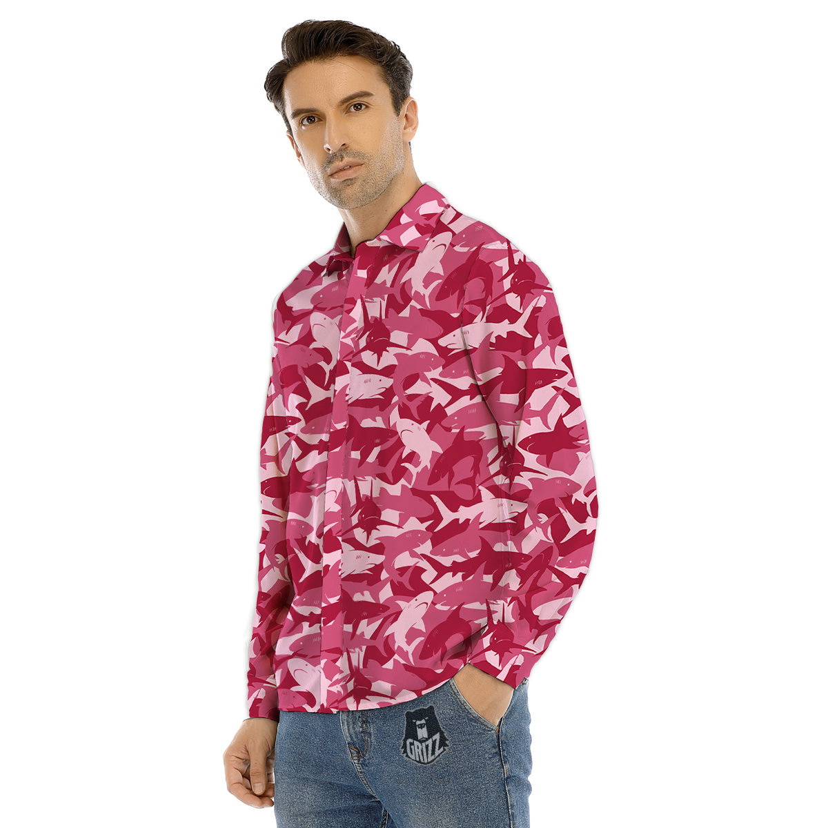 Abstract Pink Shark Camo Print Pattern Men's Dress Shirts-grizzshop
