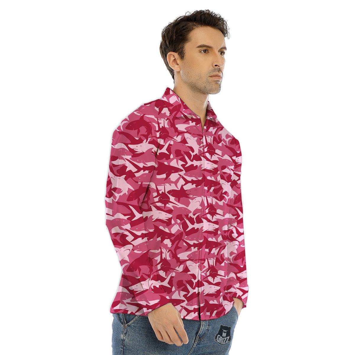Abstract Pink Shark Camo Print Pattern Men's Dress Shirts-grizzshop