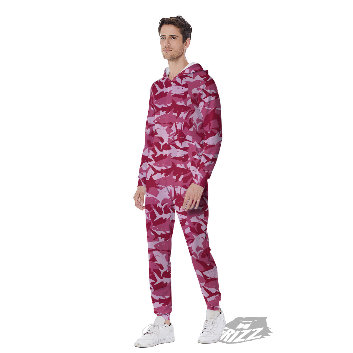 Abstract Pink Shark Camo Print Pattern Men's Jumpsuit-grizzshop