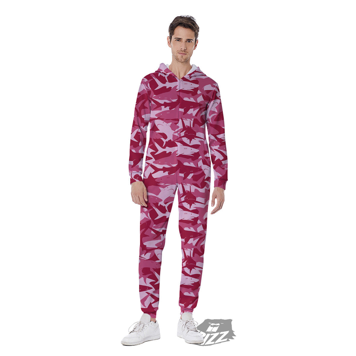 Abstract Pink Shark Camo Print Pattern Men's Jumpsuit-grizzshop