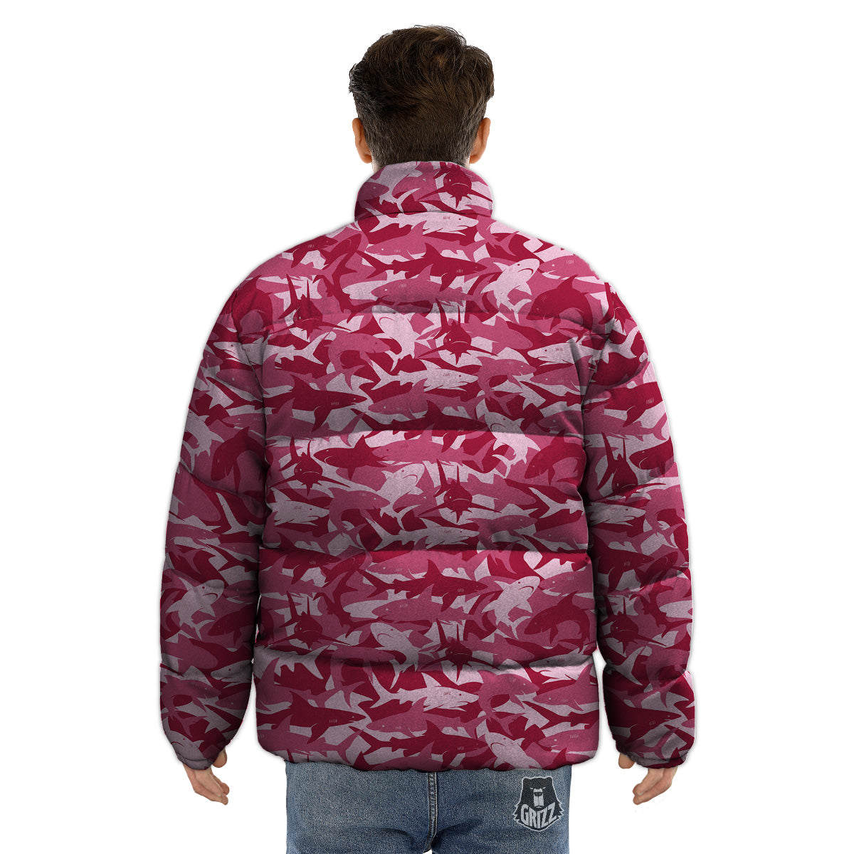 Abstract Pink Shark Camo Print Pattern Puffer Jacket-grizzshop