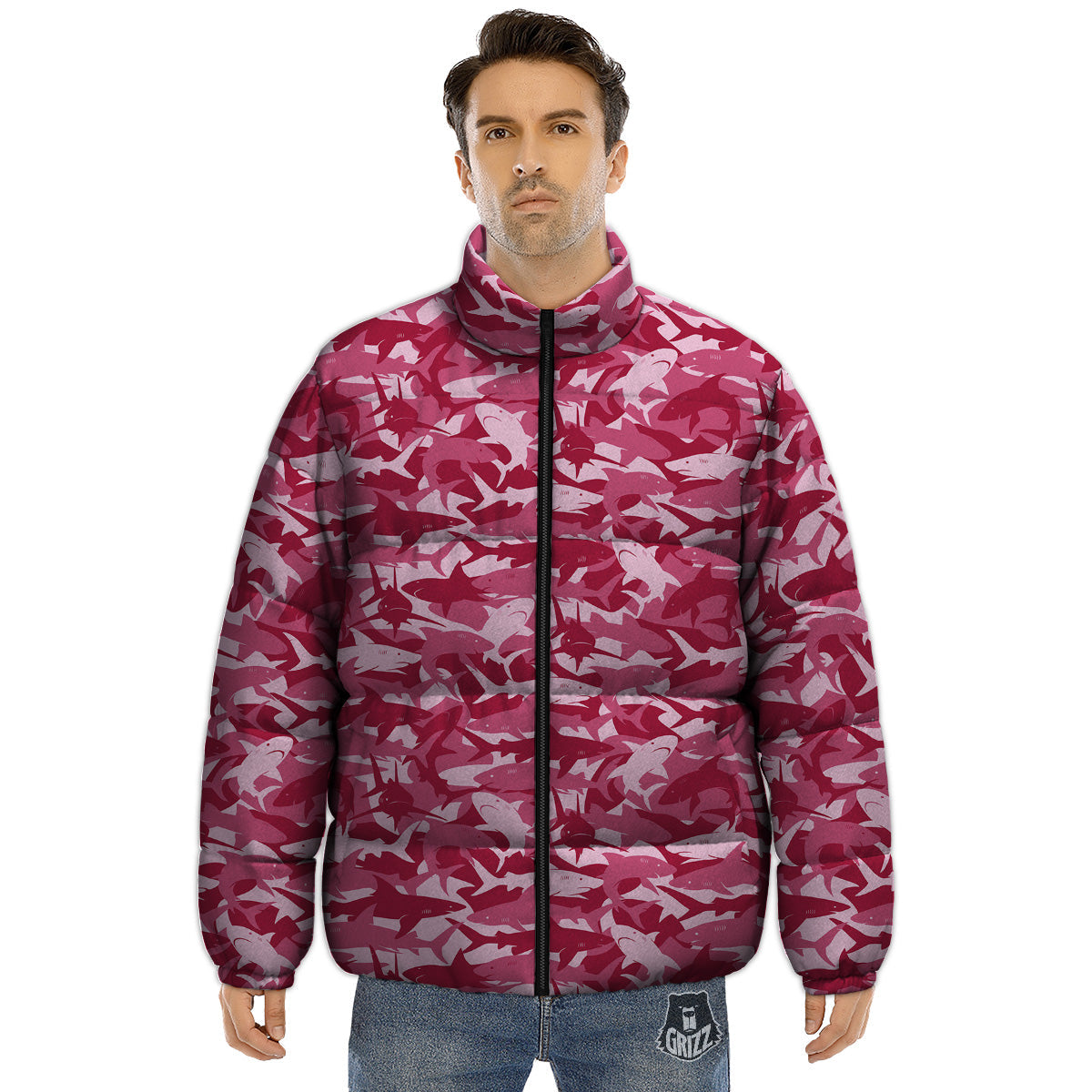 Abstract Pink Shark Camo Print Pattern Puffer Jacket-grizzshop