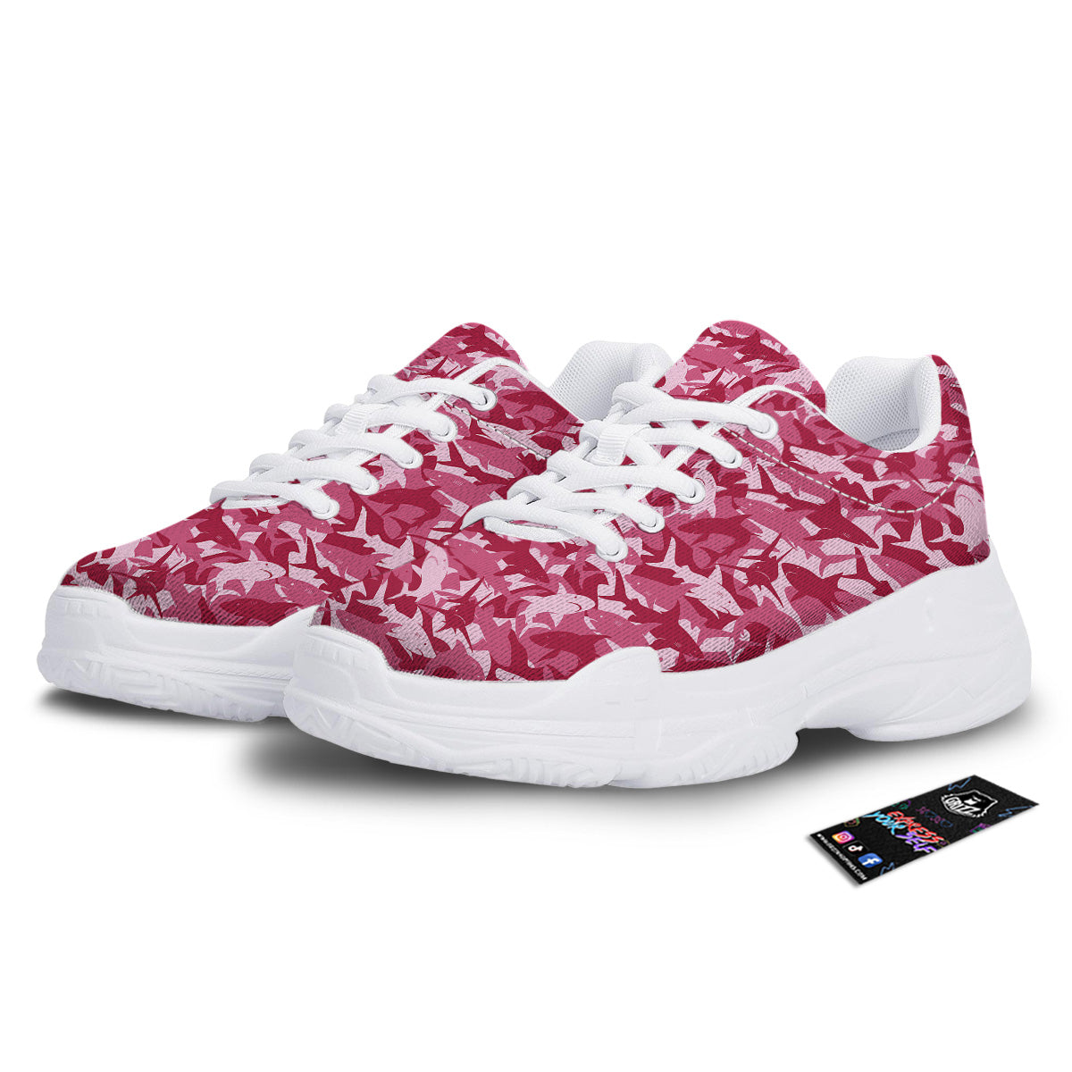 Abstract Pink Shark Camo Print Pattern White Chunky Shoes-grizzshop