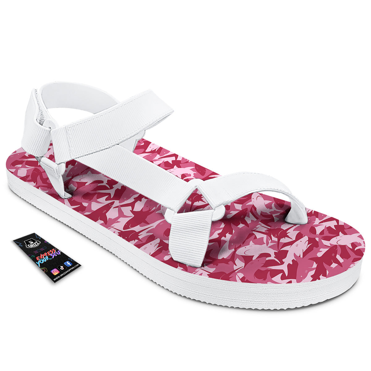 Abstract Pink Shark Camo Print Pattern White Open Toe Sandals-grizzshop
