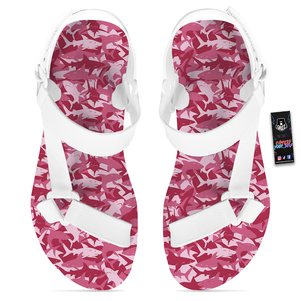Abstract Pink Shark Camo Print Pattern White Open Toe Sandals-grizzshop