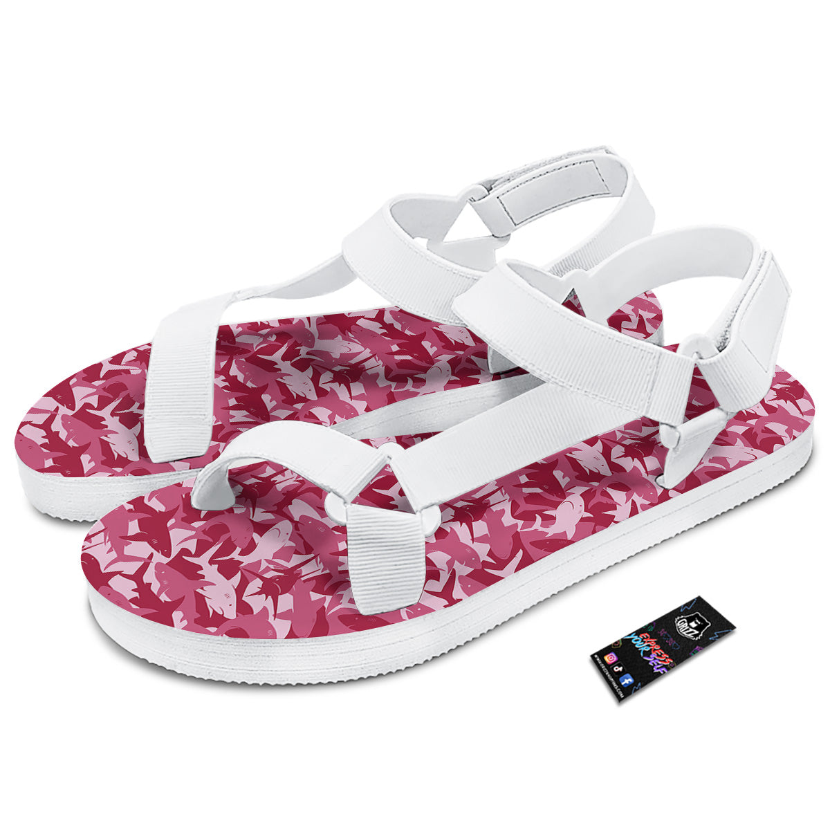 Abstract Pink Shark Camo Print Pattern White Open Toe Sandals-grizzshop