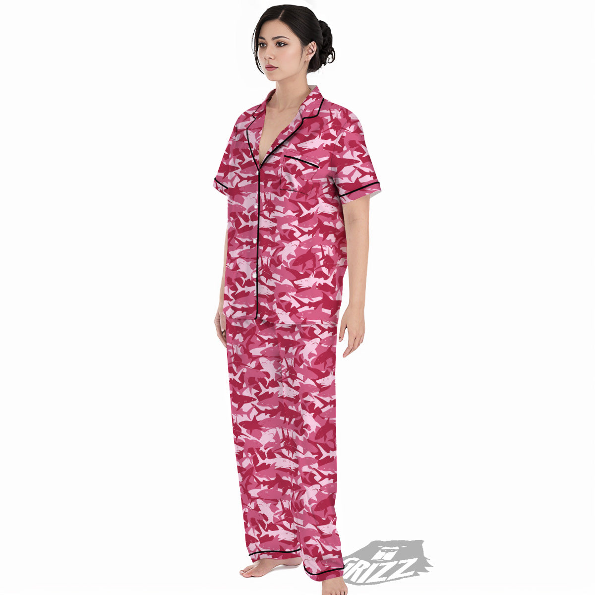 Abstract Pink Shark Camo Print Pattern Women's Pajamas Set-grizzshop