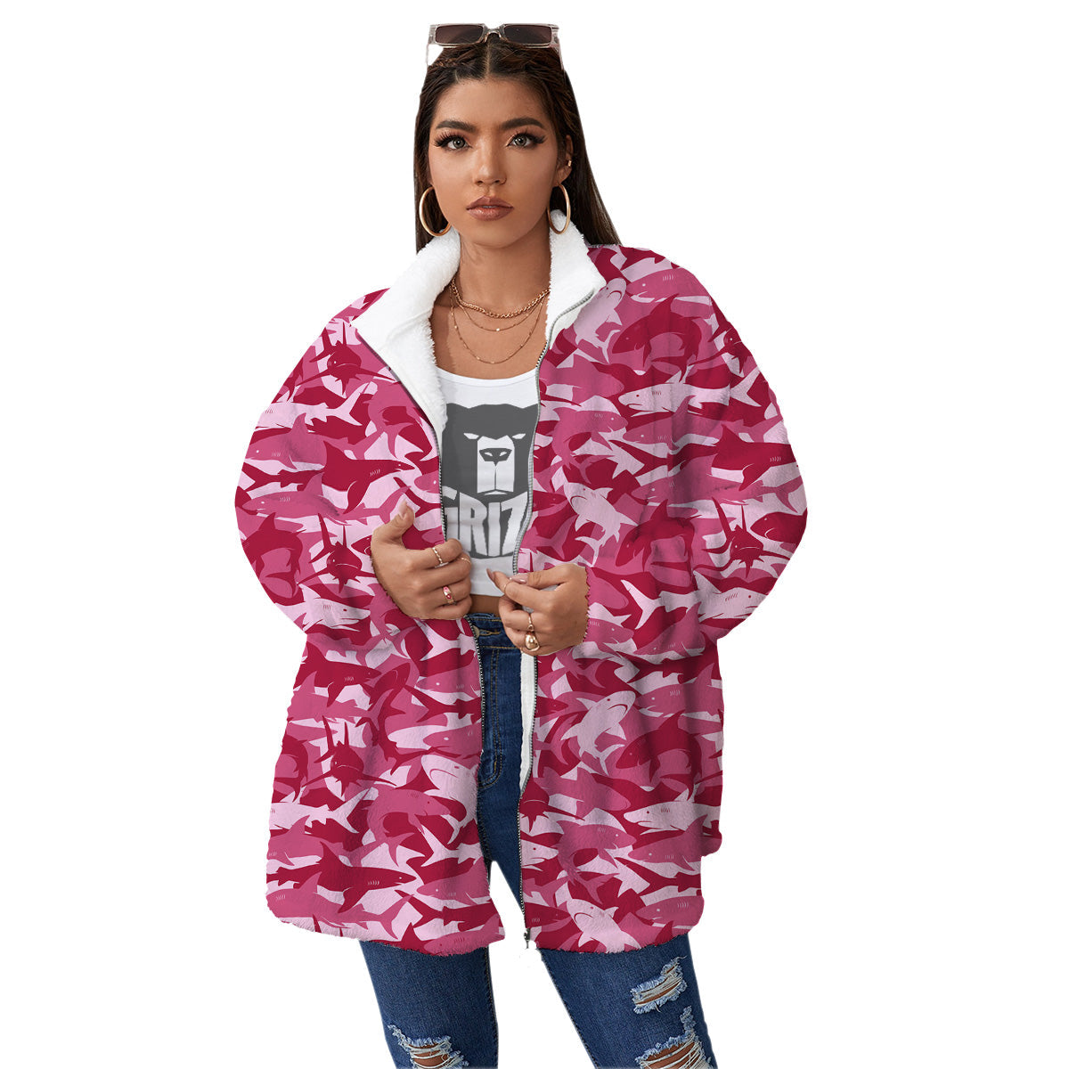 Abstract Pink Shark Camo Print Pattern Women's Sherpa Jacket-grizzshop