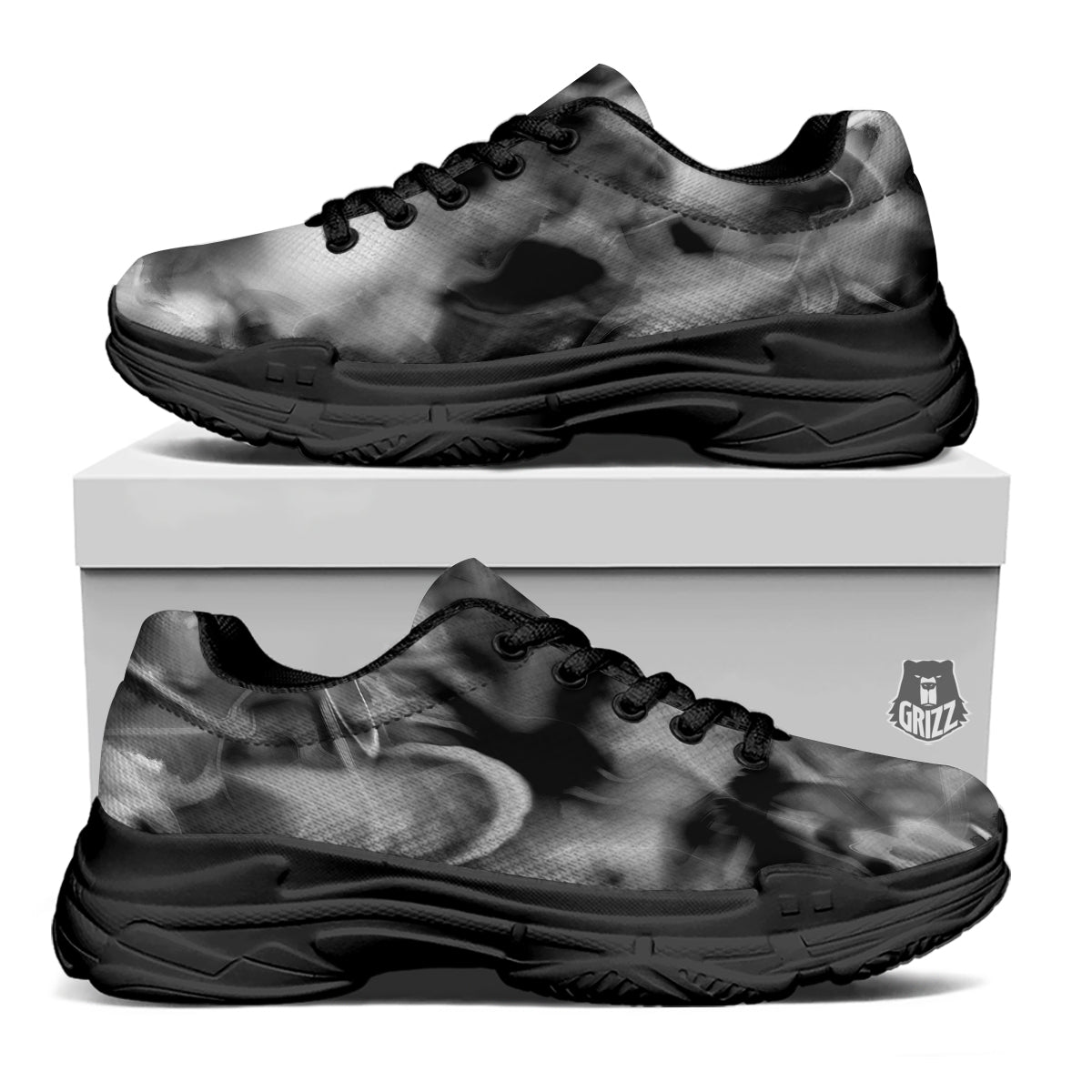 Abstract Psychedelic Liquid Smoke Print Black Chunky Shoes-grizzshop
