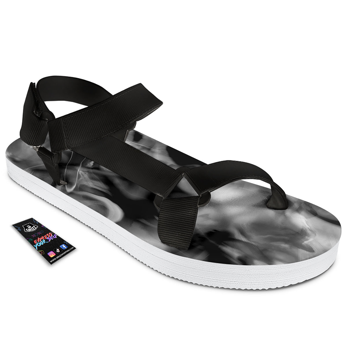Abstract Psychedelic Liquid Smoke Print Black Open Toe Sandals-grizzshop