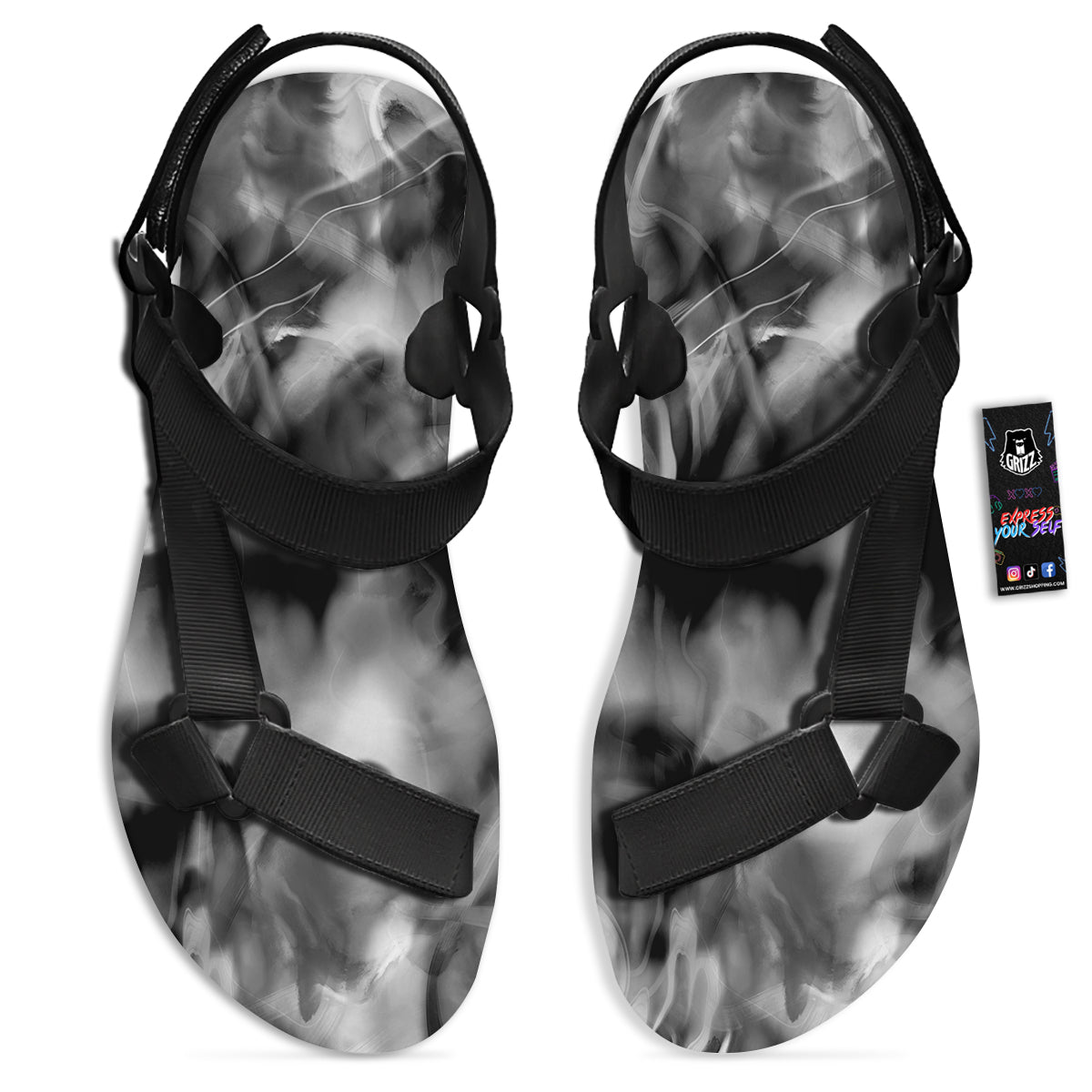 Abstract Psychedelic Liquid Smoke Print Black Open Toe Sandals-grizzshop