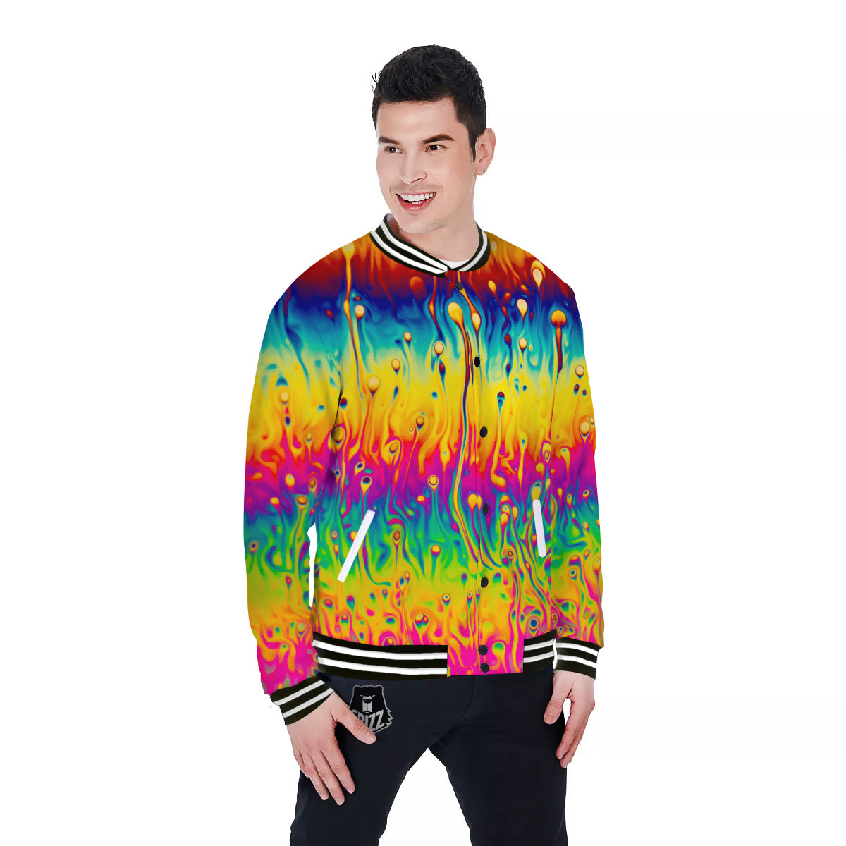 Abstract Psychedelic Rainbow Acid Print Baseball Jacket-grizzshop