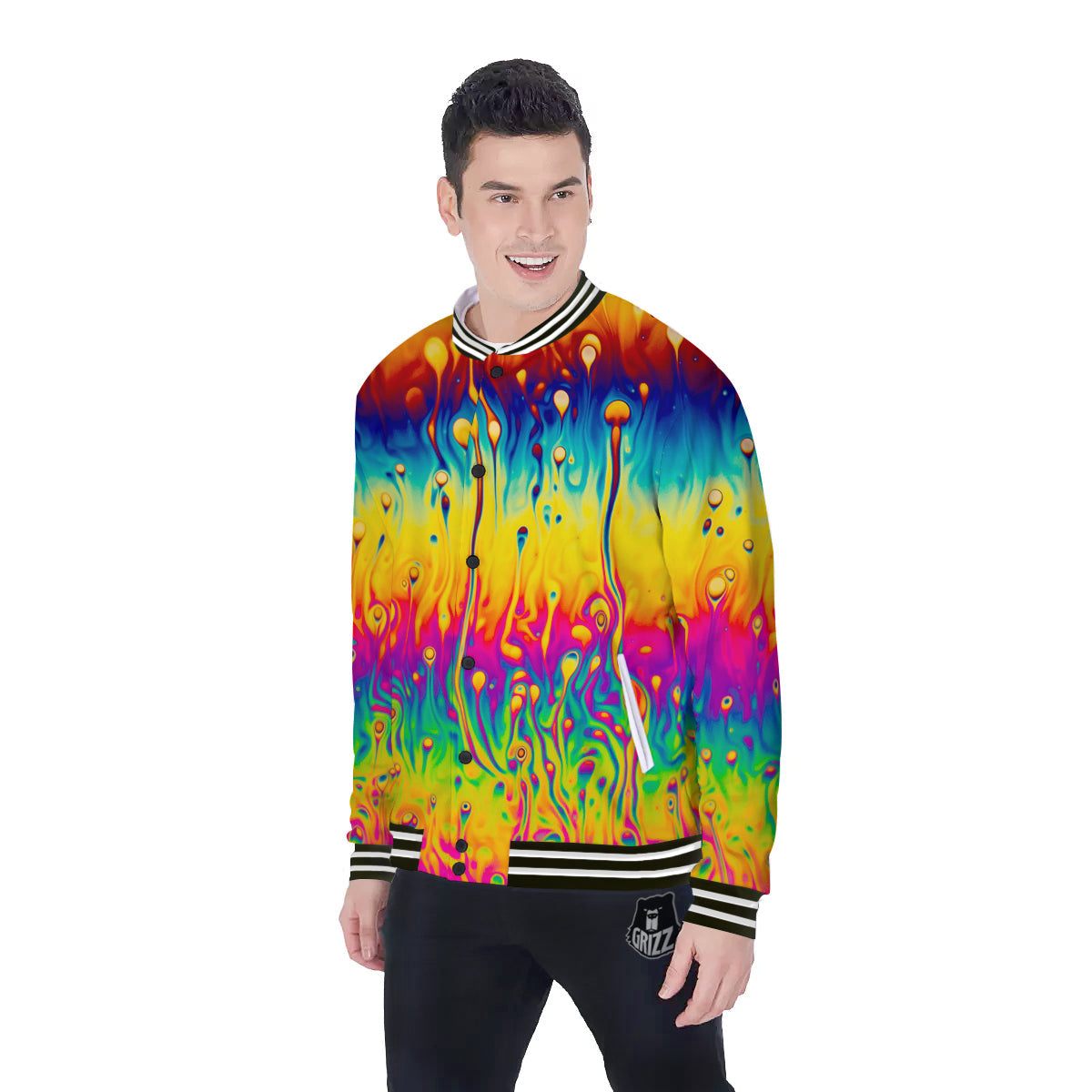 Abstract Psychedelic Rainbow Acid Print Baseball Jacket-grizzshop