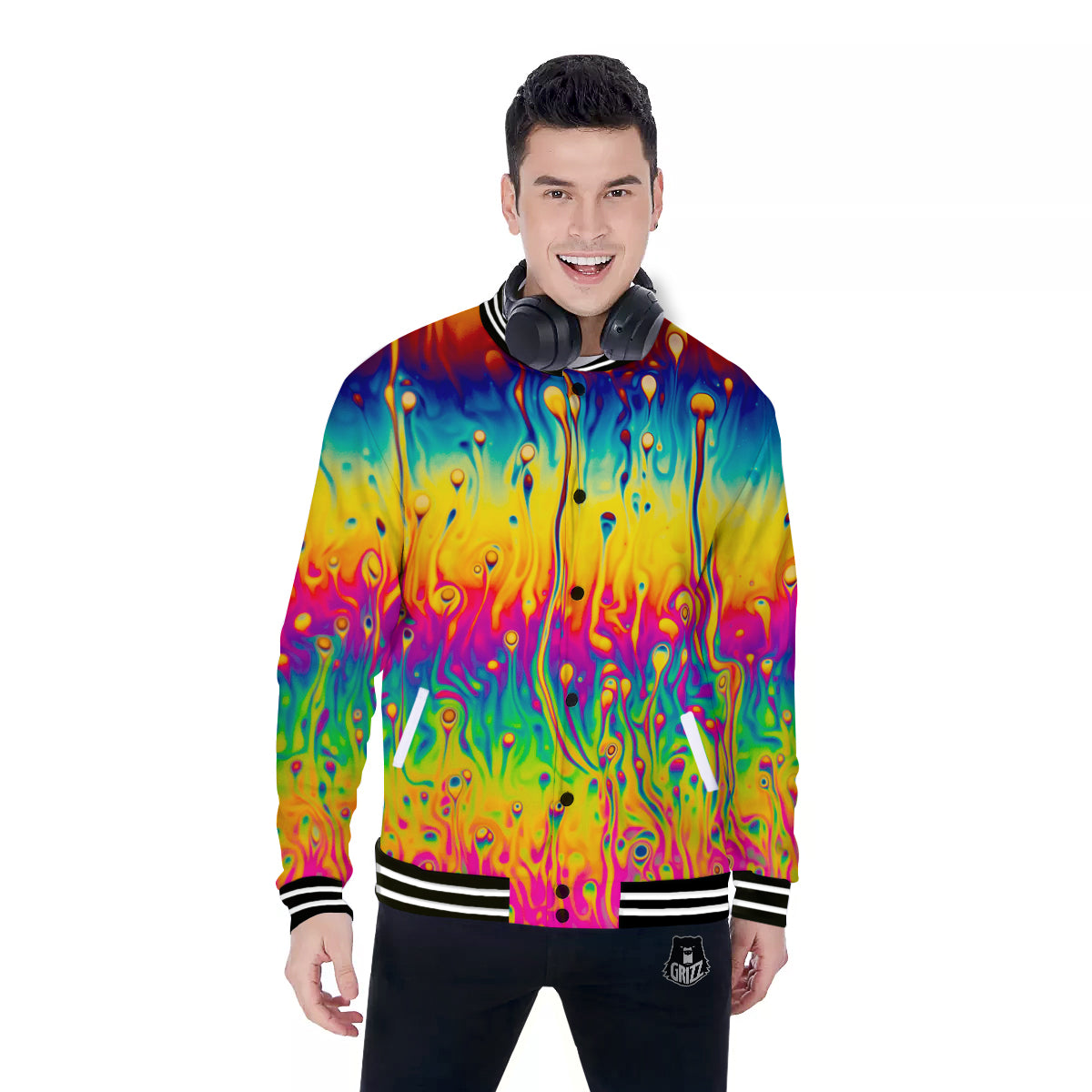 Abstract Psychedelic Rainbow Acid Print Baseball Jacket-grizzshop