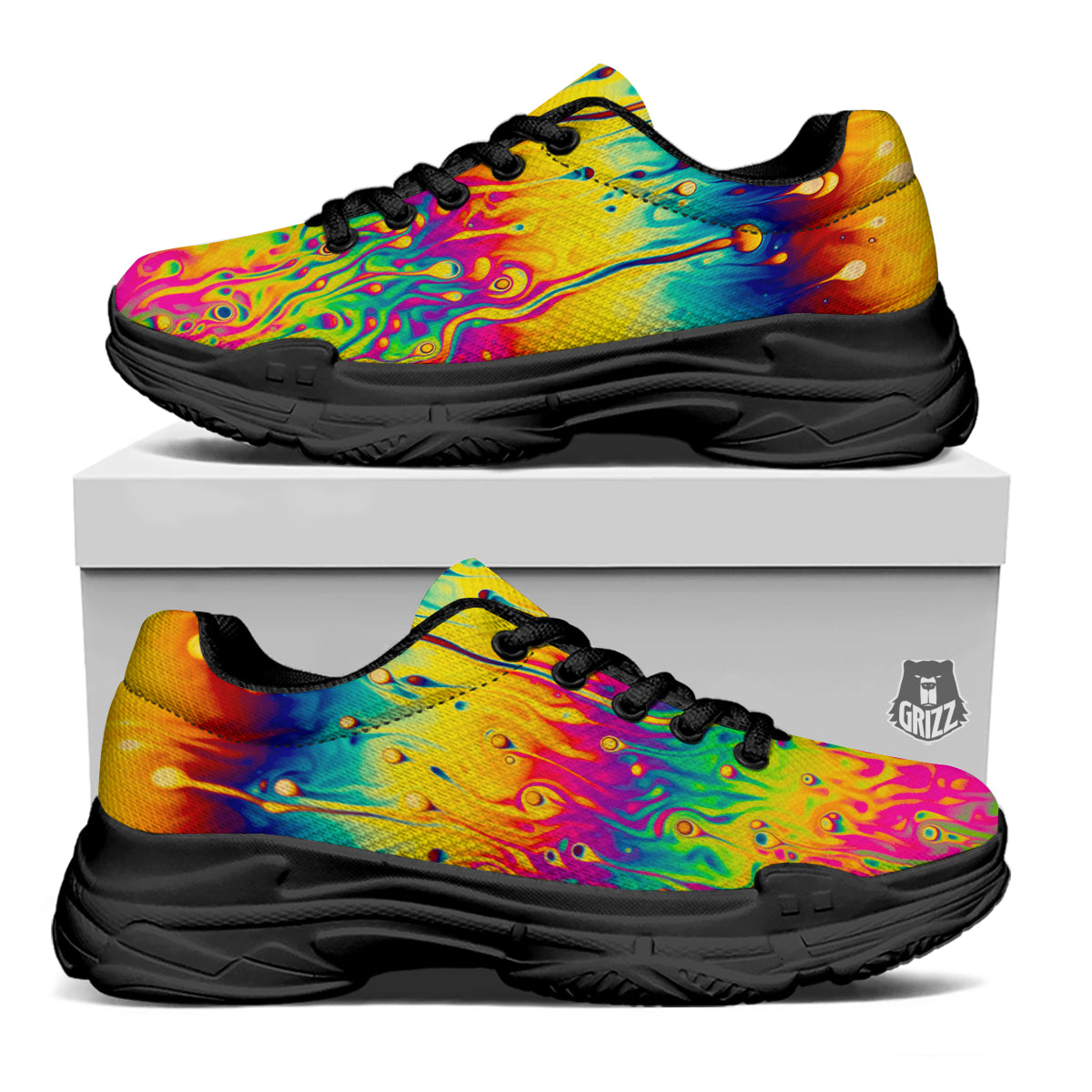 Abstract Psychedelic Rainbow Acid Print Black Chunky Shoes-grizzshop