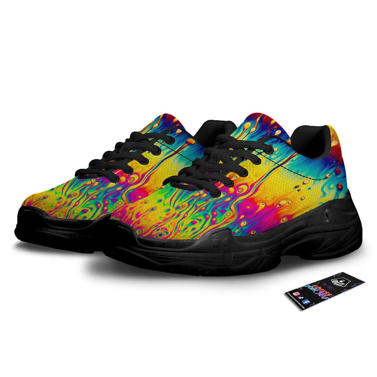 Abstract Psychedelic Rainbow Acid Print Black Chunky Shoes-grizzshop