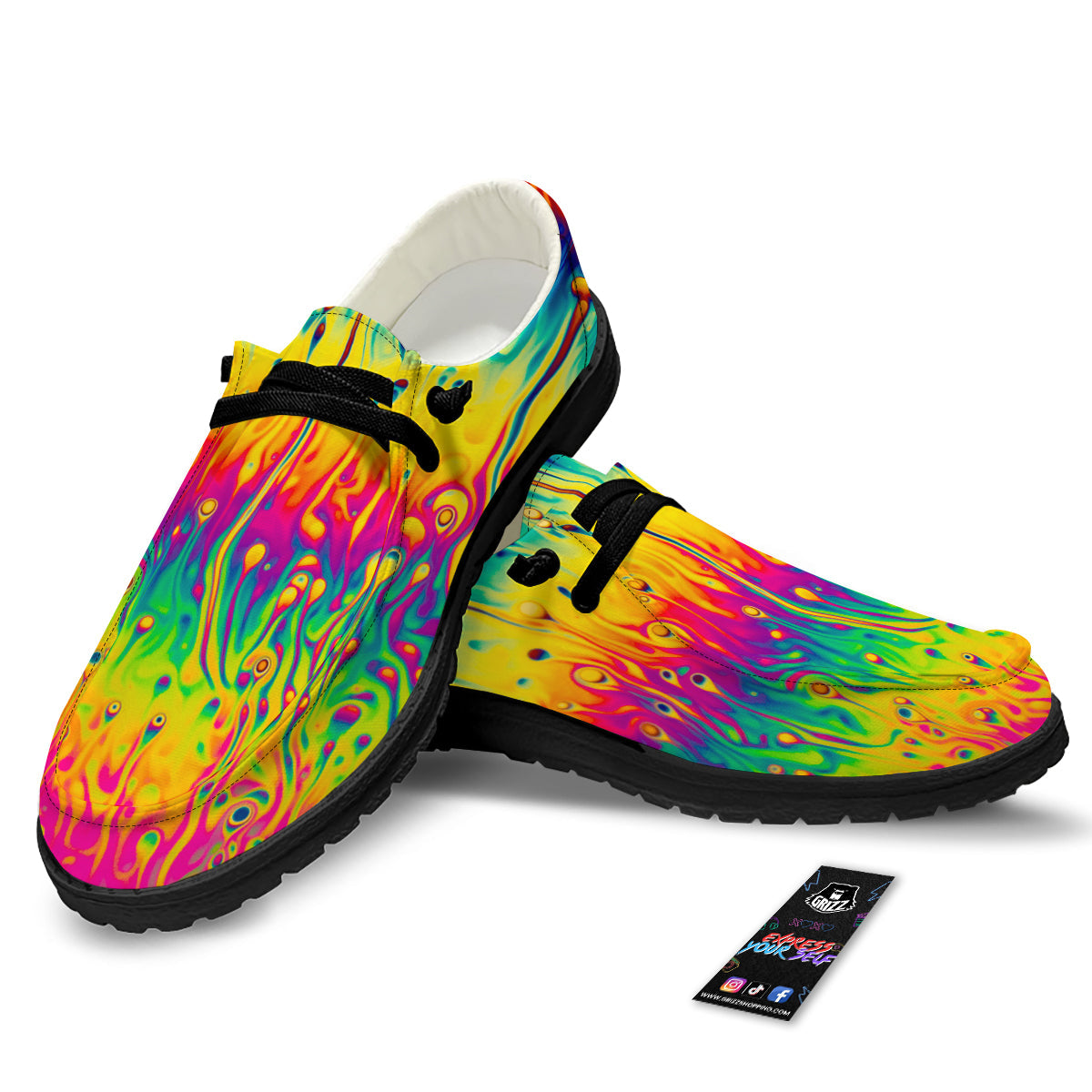 Abstract Psychedelic Rainbow Acid Print Black Loafers-grizzshop