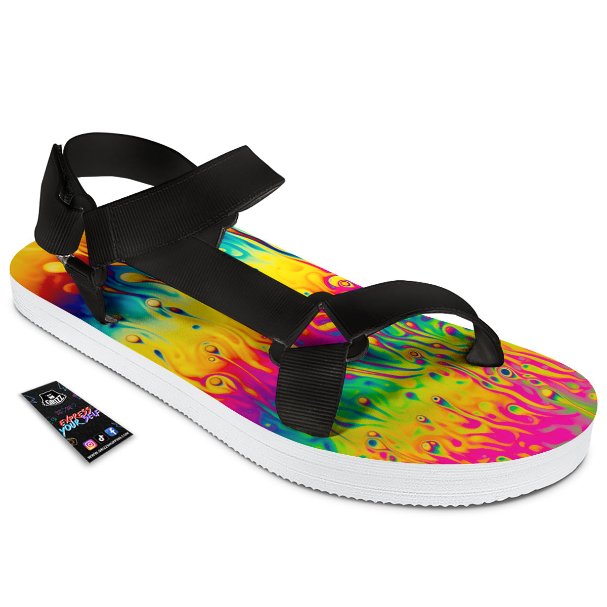 Abstract Psychedelic Rainbow Acid Print Black Open Toe Sandals-grizzshop