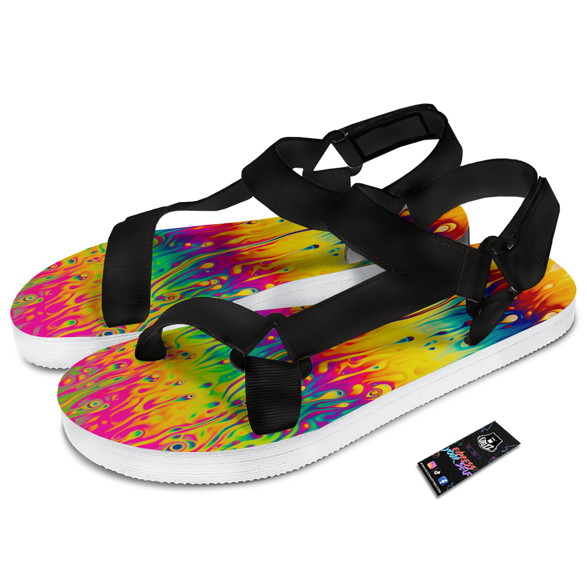 Abstract Psychedelic Rainbow Acid Print Black Open Toe Sandals-grizzshop