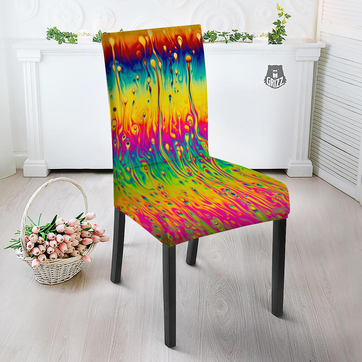 Abstract Psychedelic Rainbow Acid Print Dining Chair Slipcover-grizzshop