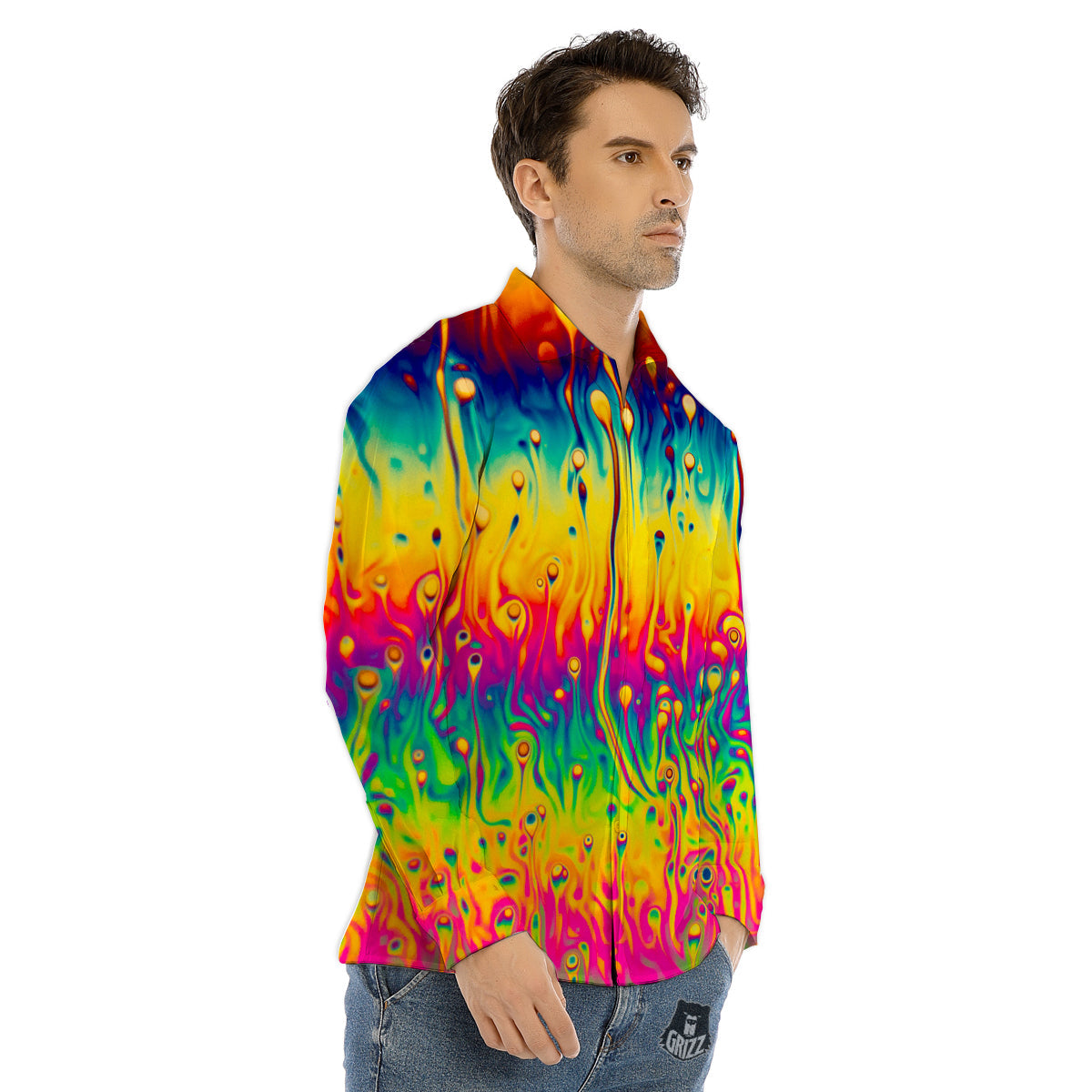 Abstract Psychedelic Rainbow Acid Print Men's Dress Shirts-grizzshop