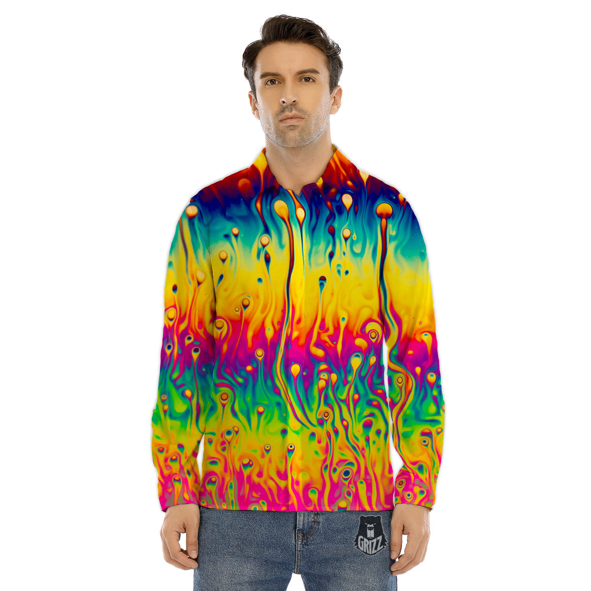Abstract Psychedelic Rainbow Acid Print Men's Dress Shirts-grizzshop