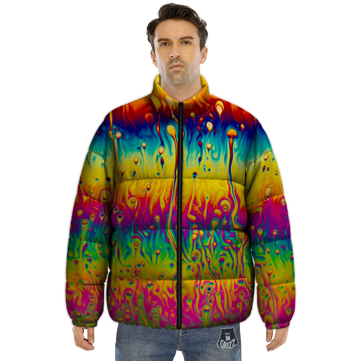 Abstract Psychedelic Rainbow Acid Print Puffer Jacket-grizzshop