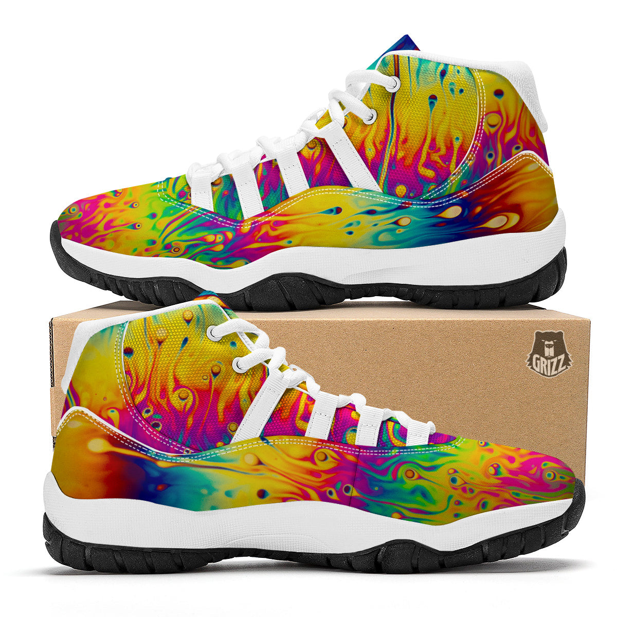 Abstract Psychedelic Rainbow Acid Print White Bball Shoes-grizzshop