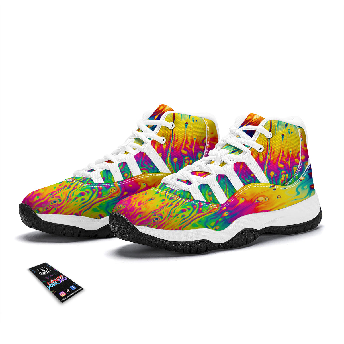 Abstract Psychedelic Rainbow Acid Print White Bball Shoes-grizzshop