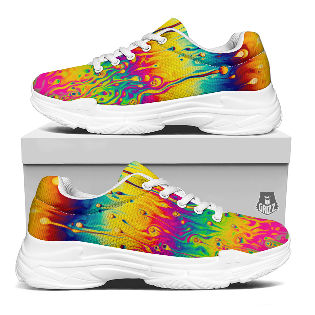 Abstract Psychedelic Rainbow Acid Print White Chunky Shoes-grizzshop