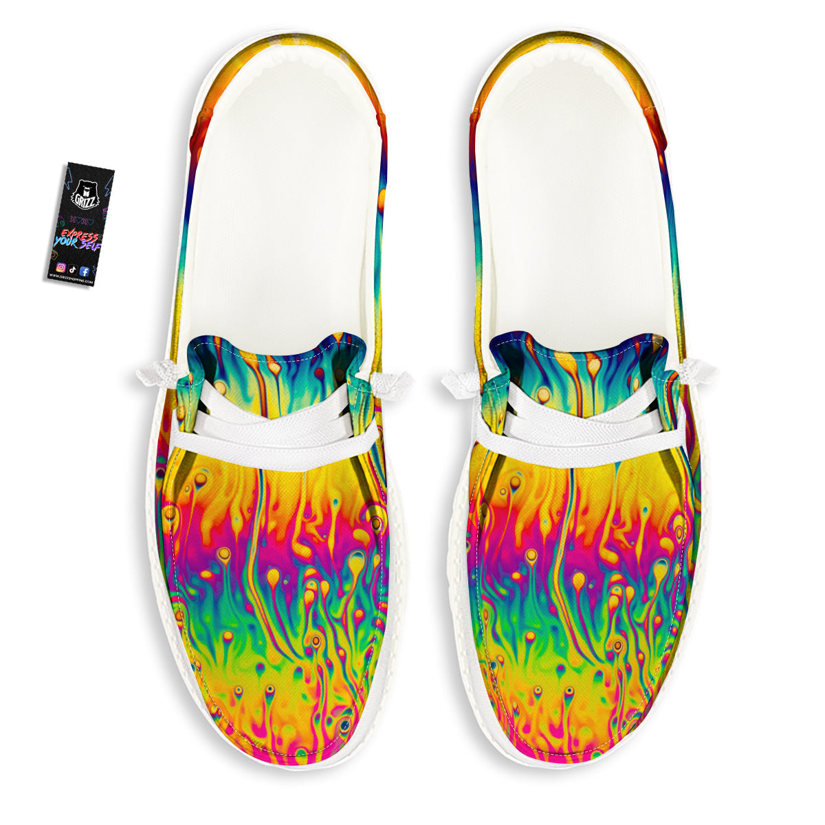 Abstract Psychedelic Rainbow Acid Print White Loafers-grizzshop