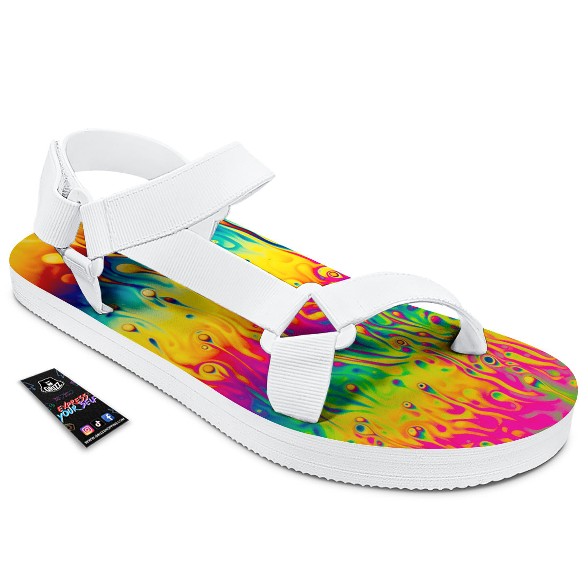 Abstract Psychedelic Rainbow Acid Print White Open Toe Sandals-grizzshop