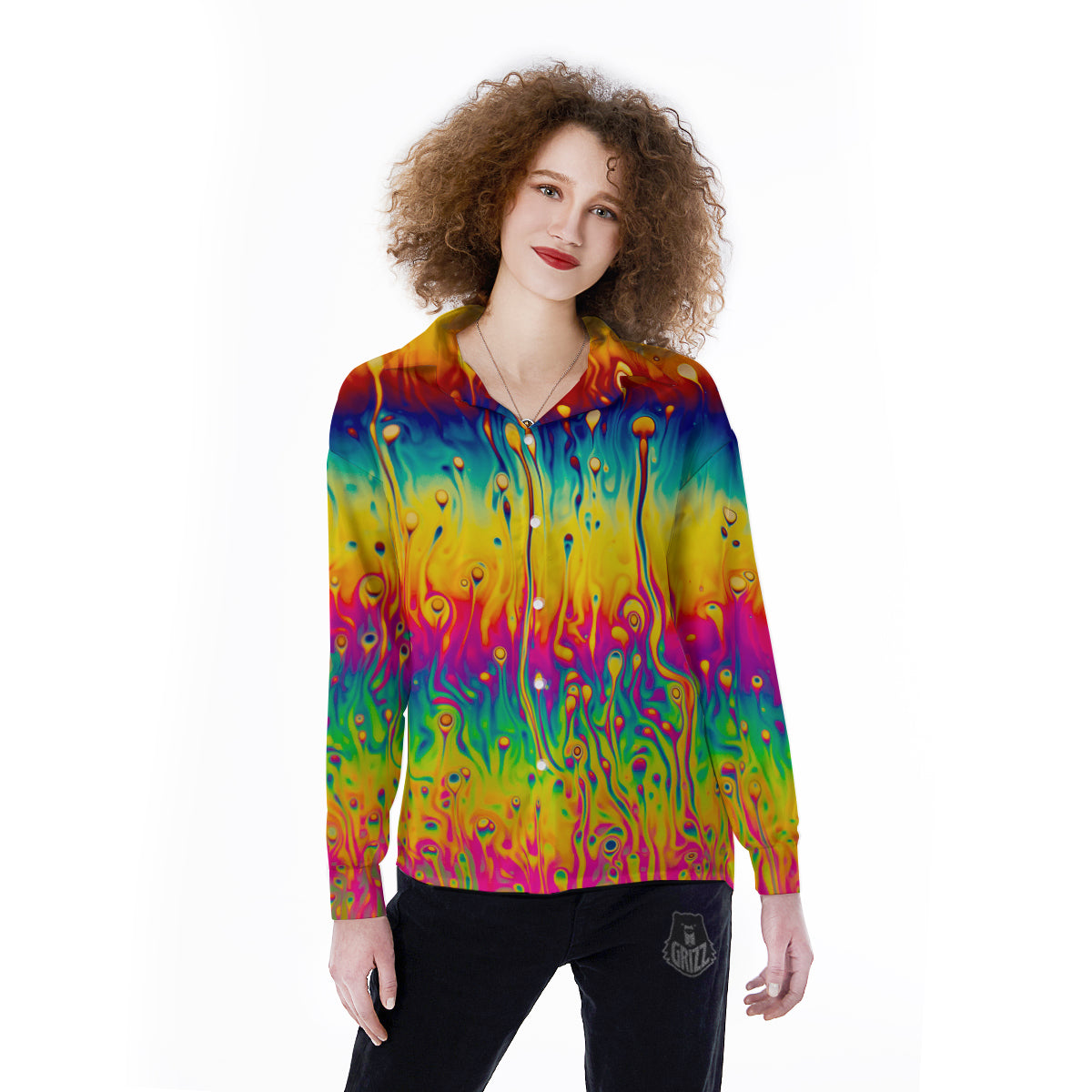 Abstract Psychedelic Rainbow Acid Print Women's Long Sleeve Shirts-grizzshop