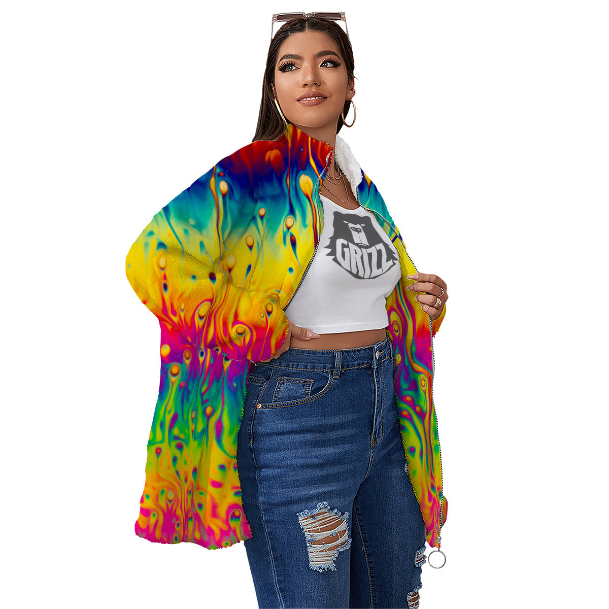 Abstract Psychedelic Rainbow Acid Print Women's Sherpa Jacket-grizzshop