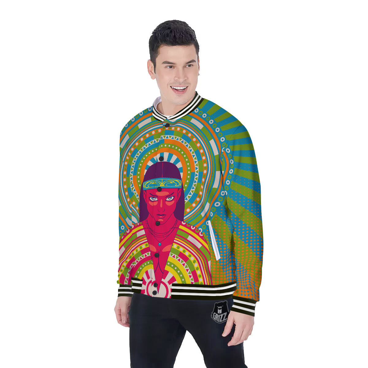 Abstract Psychedelic Women Print Baseball Jacket-grizzshop