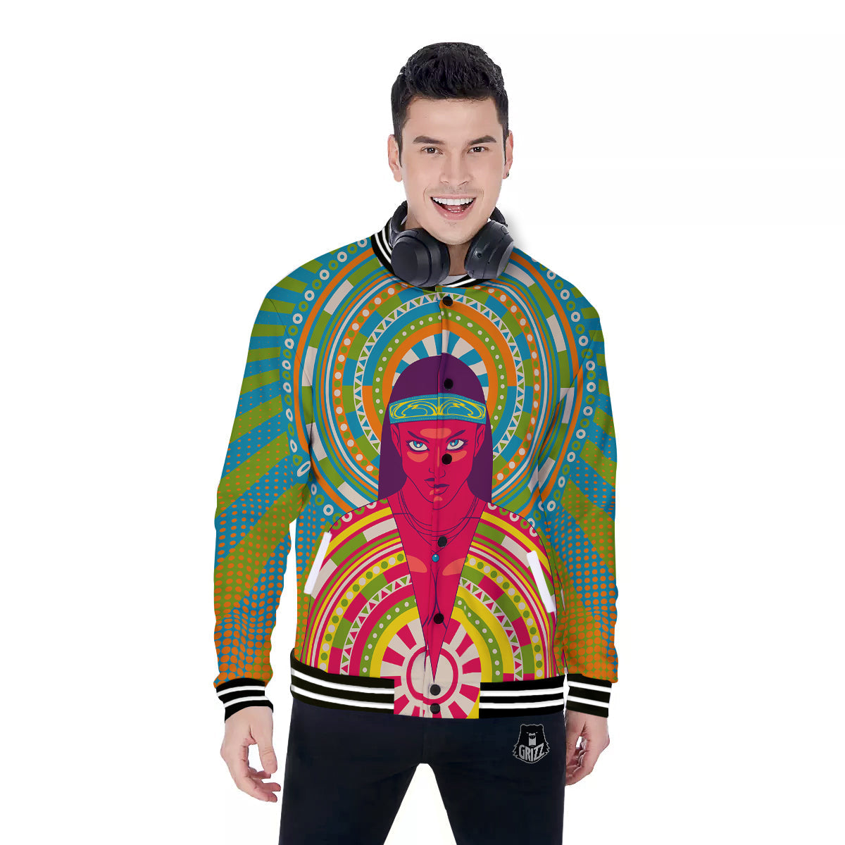 Abstract Psychedelic Women Print Baseball Jacket-grizzshop
