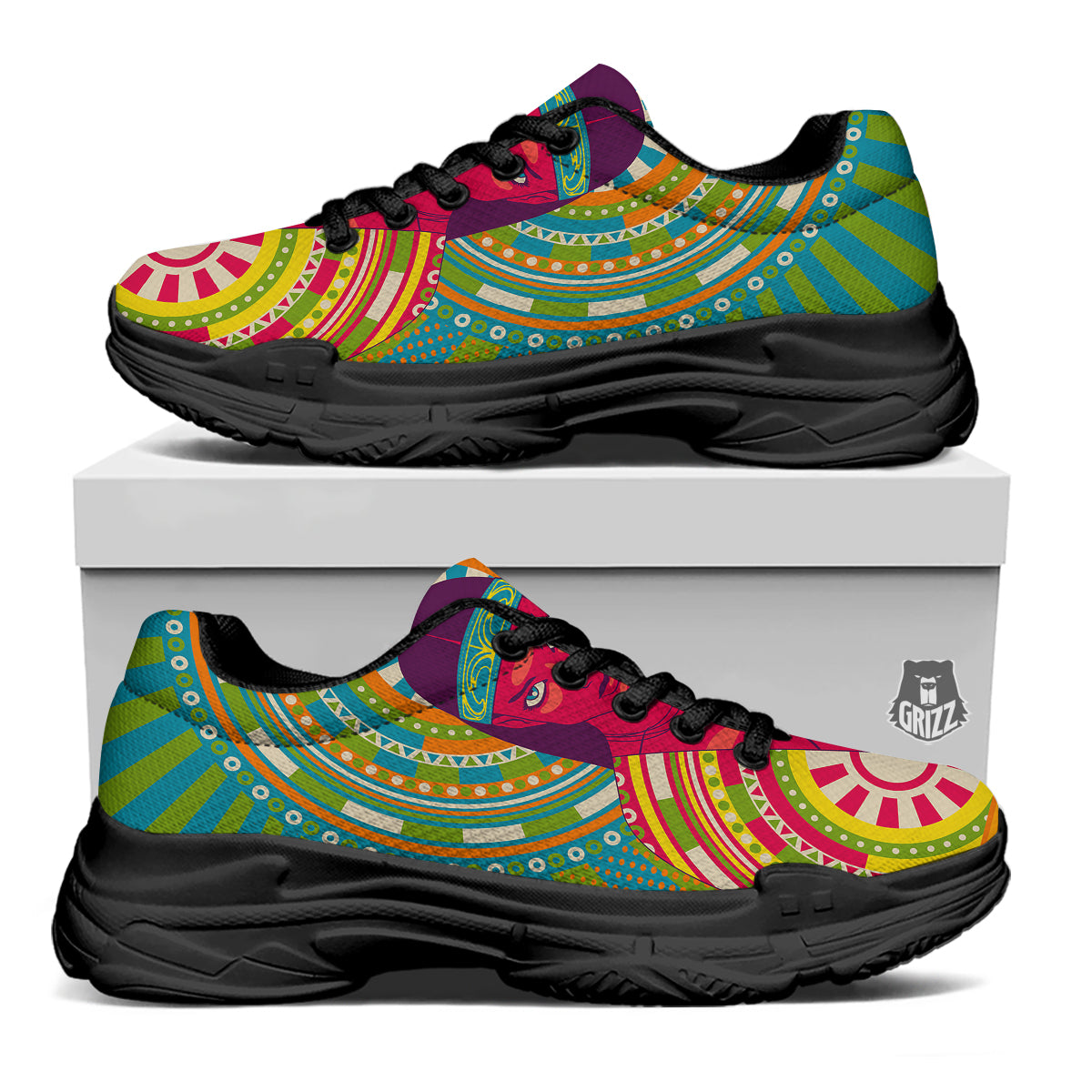 Abstract Psychedelic Women Print Black Chunky Shoes-grizzshop
