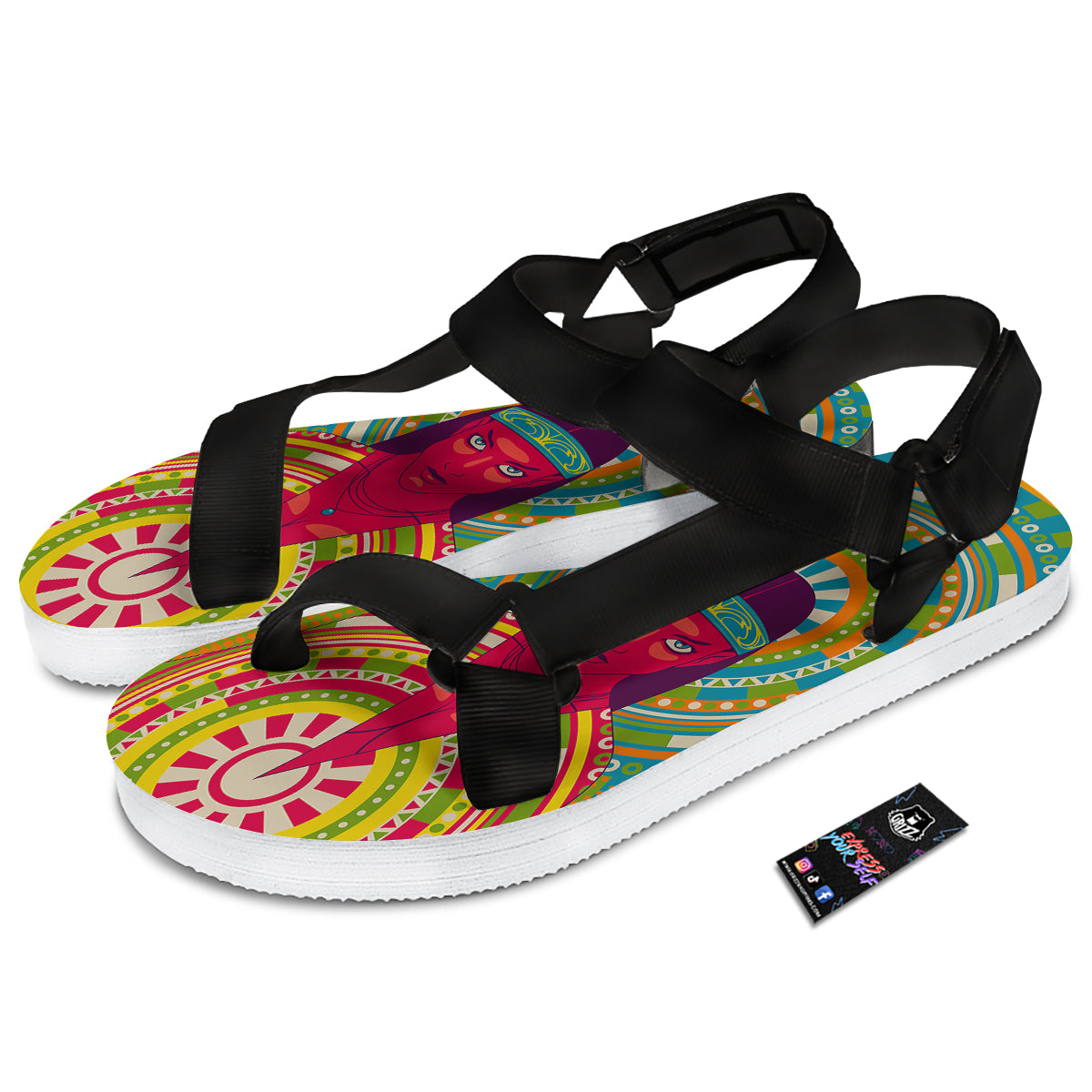 Abstract Psychedelic Women Print Black Open Toe Sandals-grizzshop