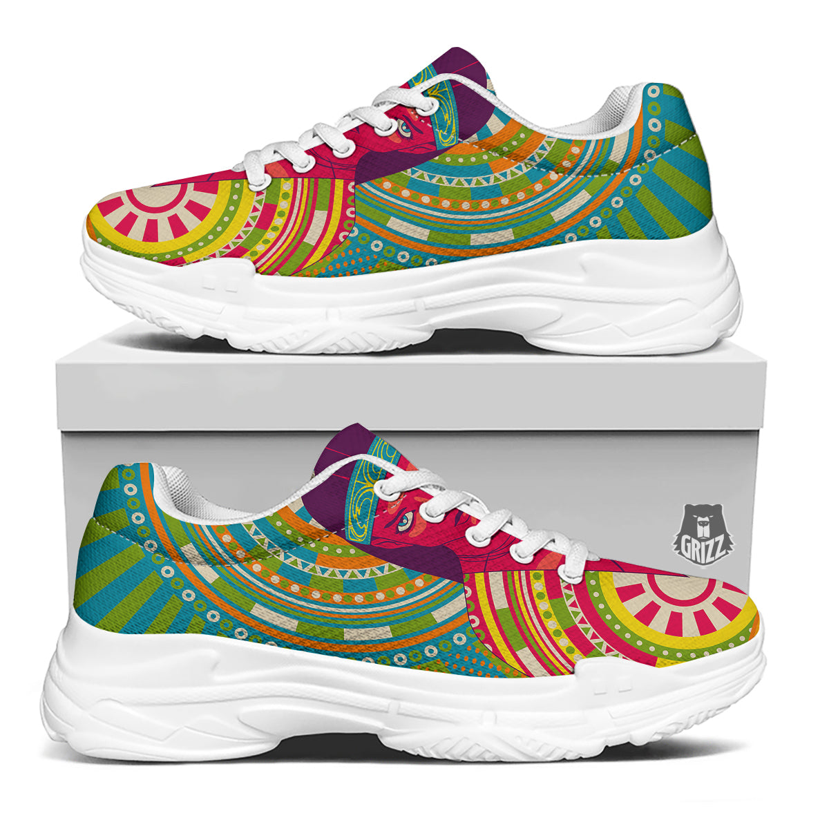 Abstract Psychedelic Women Print White Chunky Shoes-grizzshop