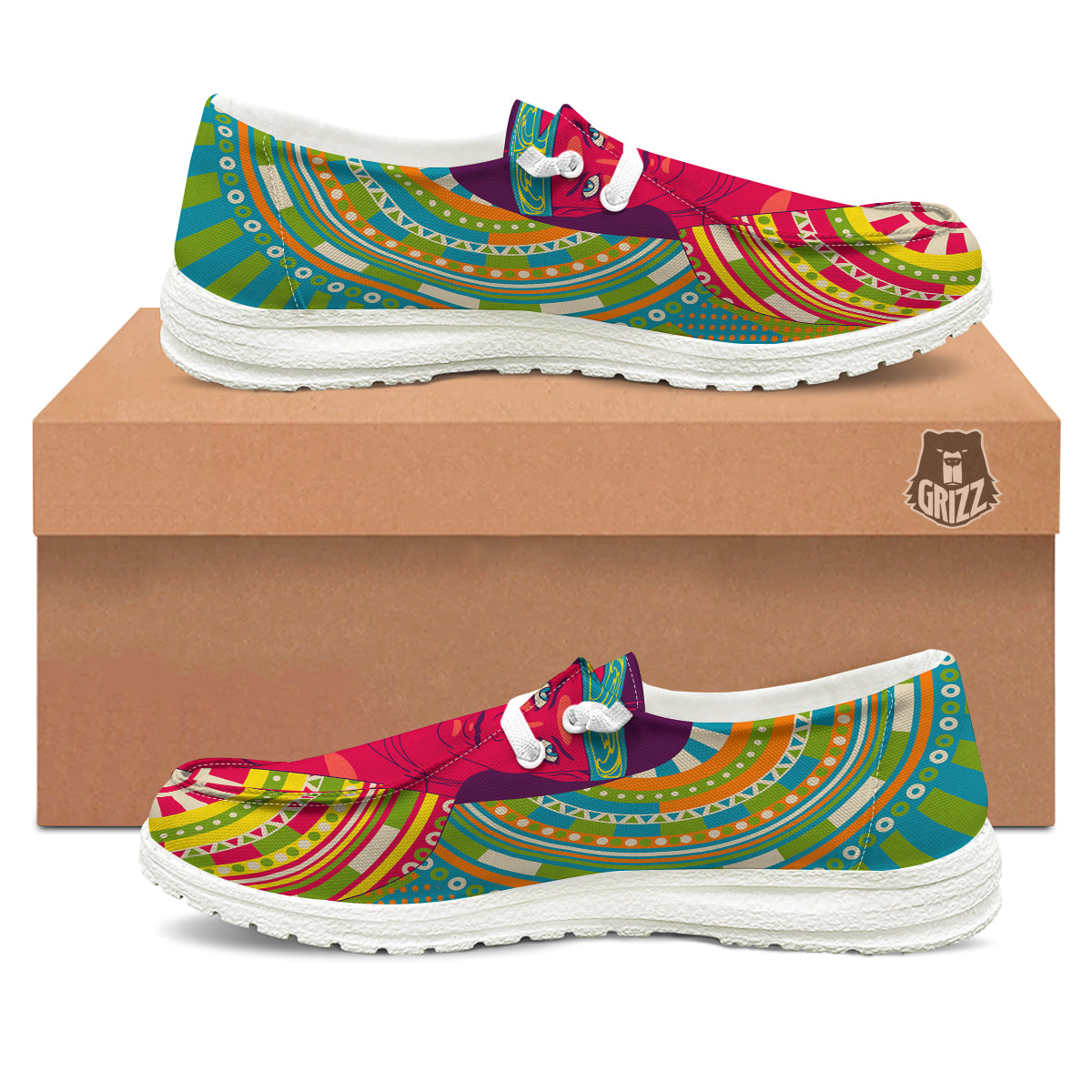 Abstract Psychedelic Women Print White Loafers-grizzshop
