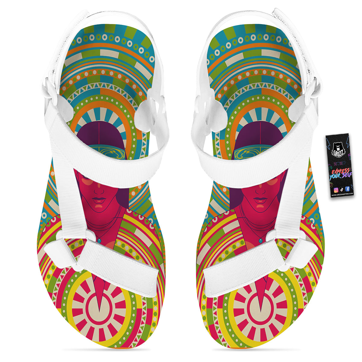 Abstract Psychedelic Women Print White Open Toe Sandals-grizzshop