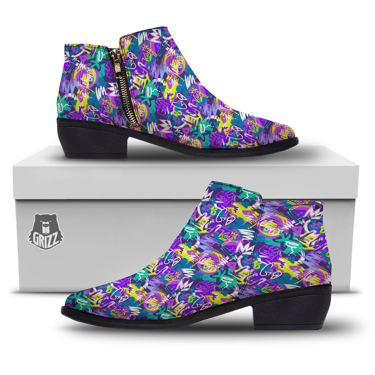 Abstract Purple Graffiti Print Pattern Ankle Boots-grizzshop