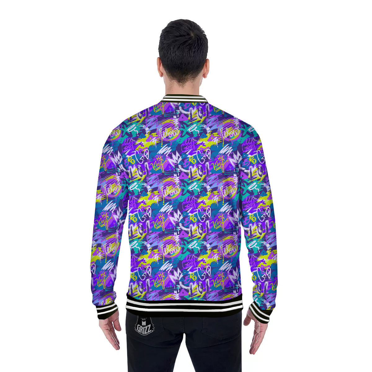 Abstract Purple Graffiti Print Pattern Baseball Jacket-grizzshop