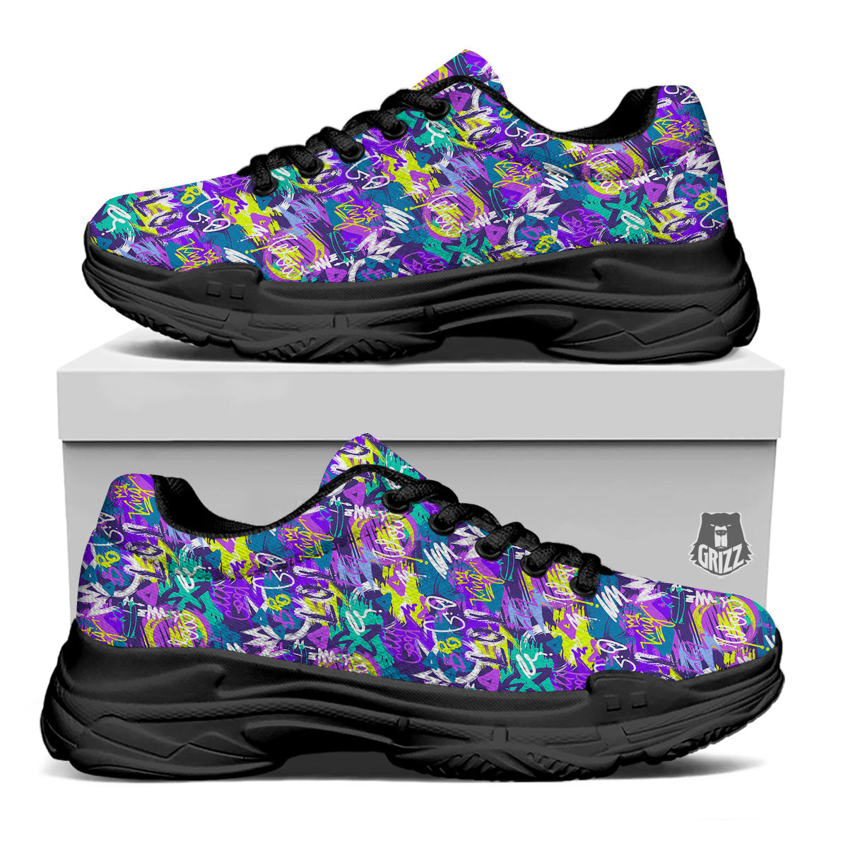 Abstract Purple Graffiti Print Pattern Black Chunky Shoes-grizzshop