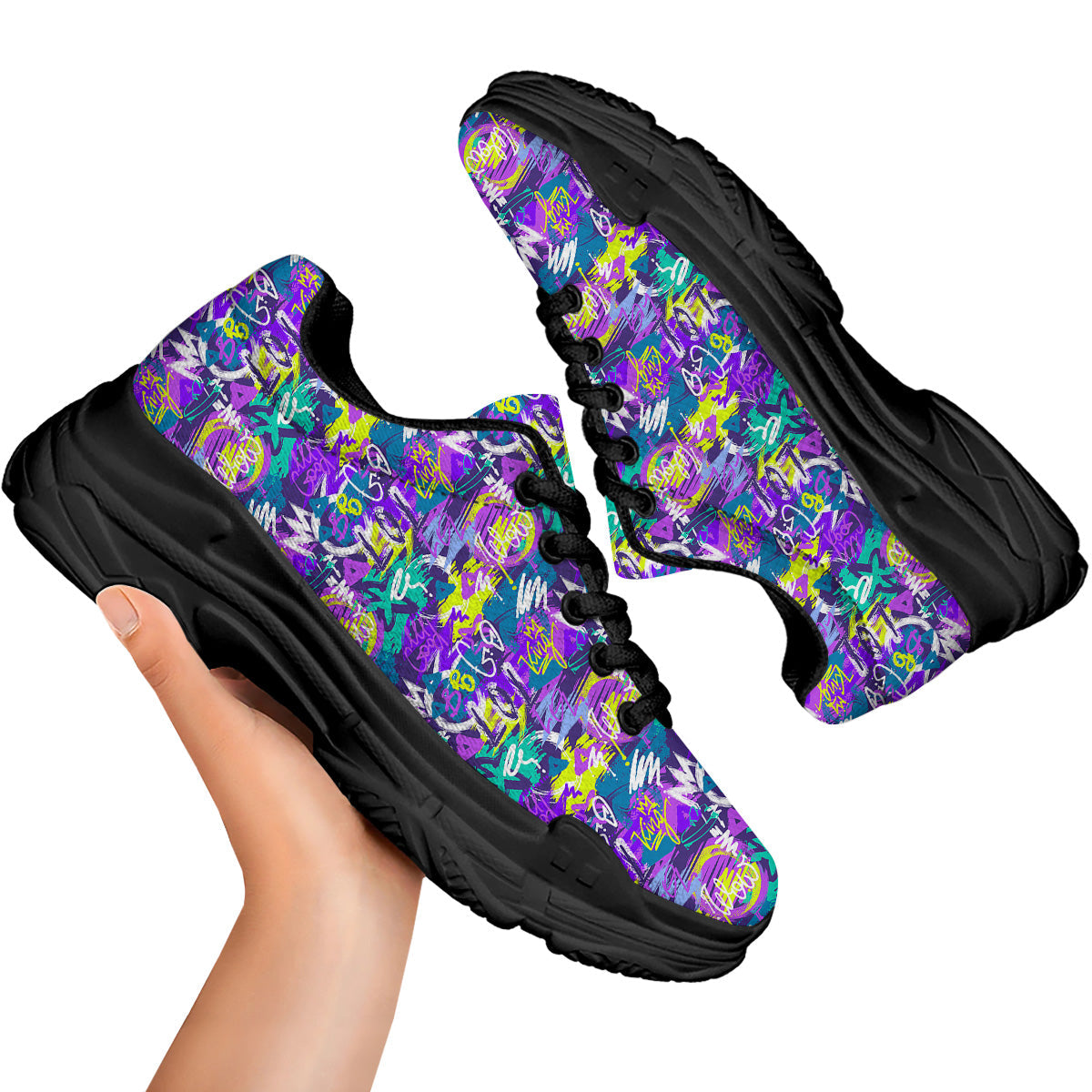 Abstract Purple Graffiti Print Pattern Black Chunky Shoes-grizzshop