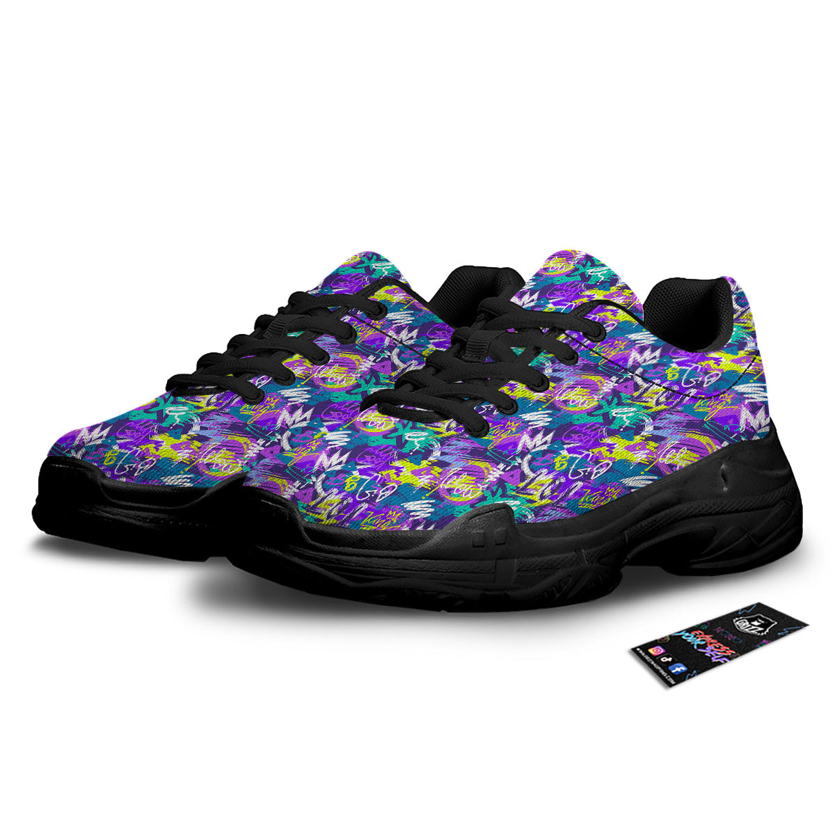 Abstract Purple Graffiti Print Pattern Black Chunky Shoes-grizzshop